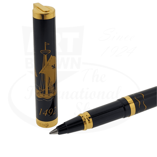 S.T. Dupont Classique 1492 Columbus Rollerball Pen, black lacquer with gold trim, featuring engraved sailing ship design and 1492 inscription