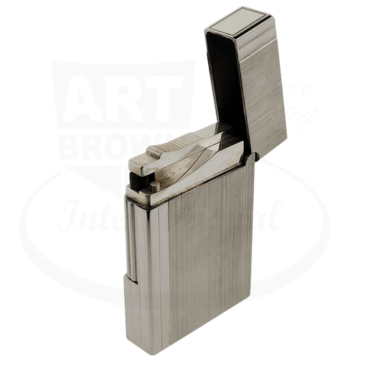 S.T. Dupont Gatsby 018313 brushed chrome lighter with flip-top, sleek rectangular metal body, unused display model