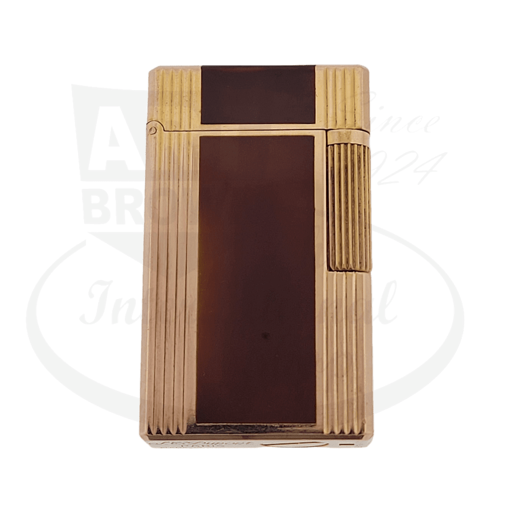 ST Dupont Ligne 1 vintage luxury lighter in orange lacquer with gold-plated ribbed frame, rectangular design featuring vertical striped pattern and flint wheel mechanism