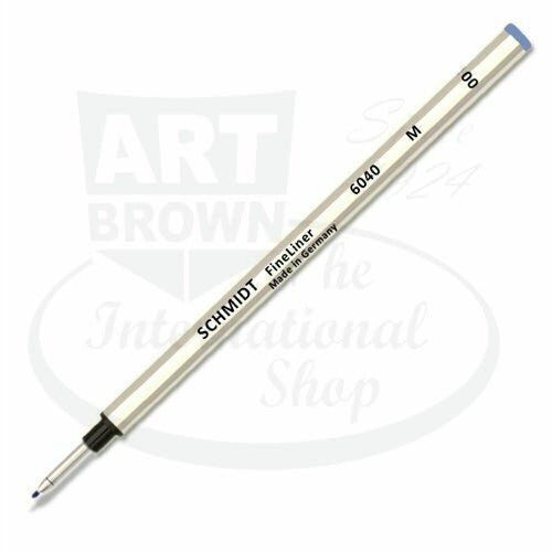 Schmidt FineLiner 6040M metal refill in silver with stainless steel tip, featuring 1.0mm medium point for smooth writing in blue or black ink