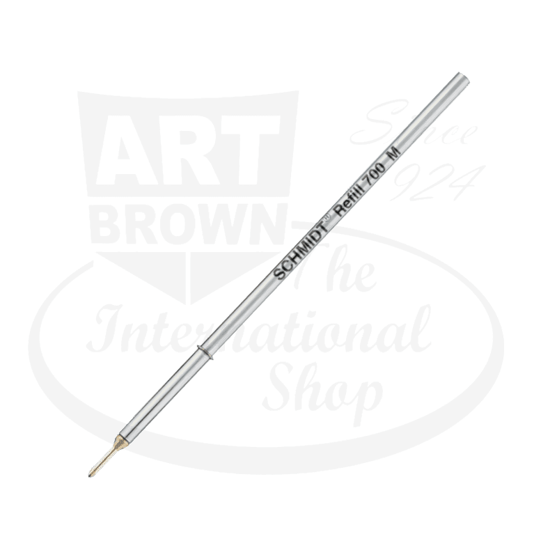 Schmidt S700 A2 medium black ballpoint refill, metal construction, silver cylindrical body with black tip, designed for precision writing