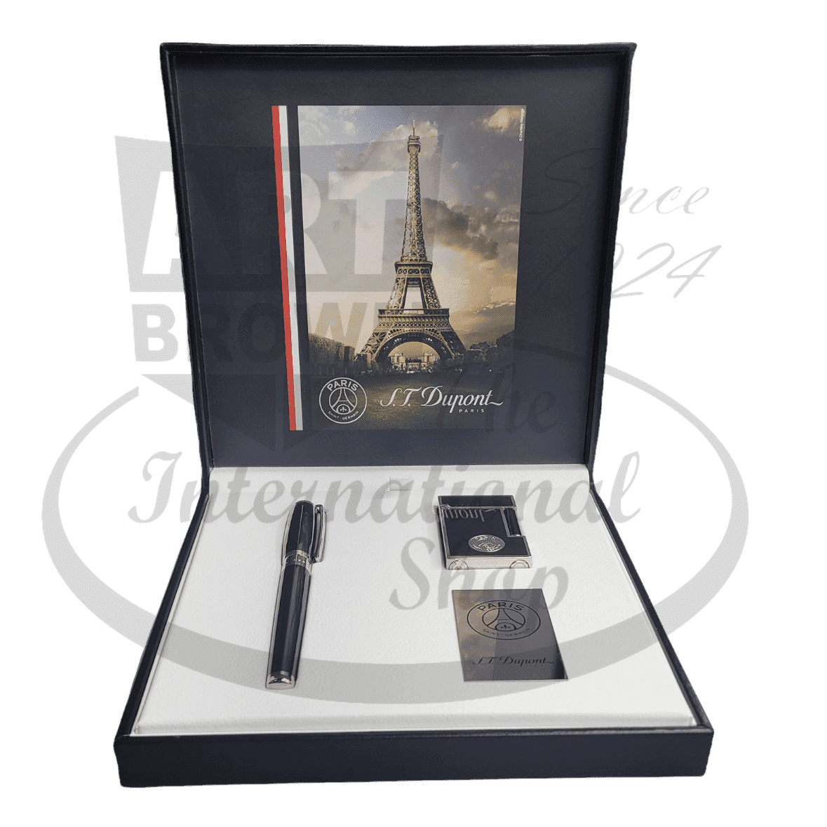 S.T. Dupont Chinese Lacquer Fountain Pen & Lighter Set SETPSG black with palladium accents in PSG presentation box