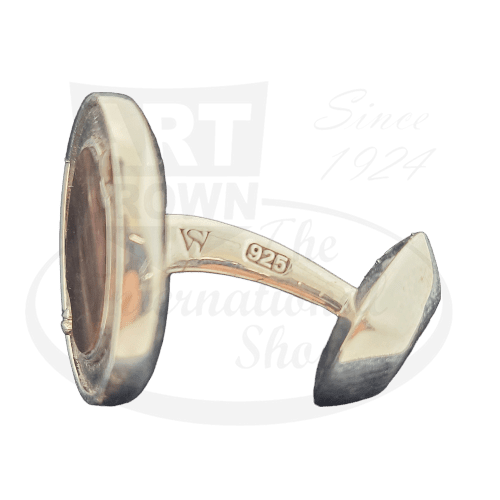 Stephen Webster 925 Sterling Silver cufflinks with black mother of pearl inlay, oval-shaped face and curved bridge design, featuring signature hallmark