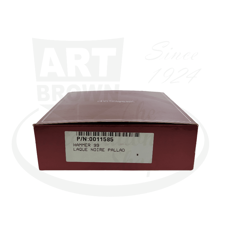 S.T. Dupont Urban 011585 black lacquer and palladium hammer lighter box showing barcode label and product details on burgundy packaging