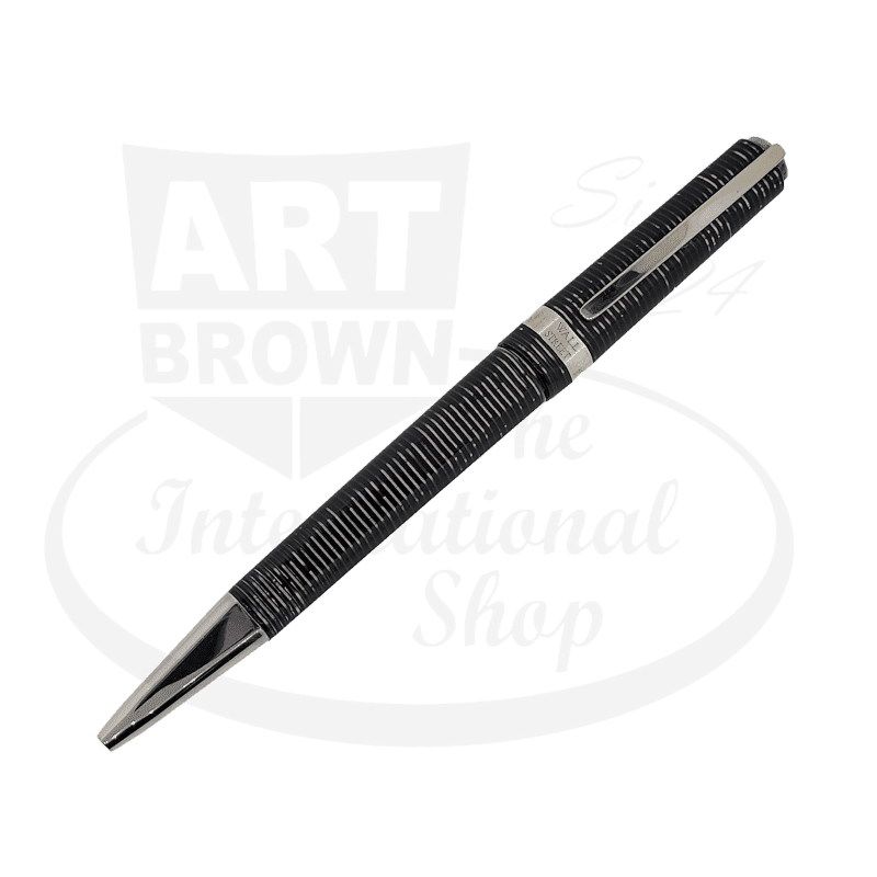 Visconti Wall Street grey celluloid ballpoint pen with platinum accents, four-sided barrel design, Manhattan-inspired ribbed texture, preowned condition