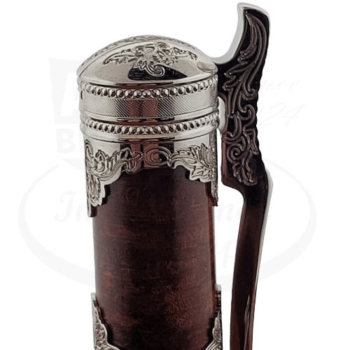 S.T. Dupont wild west prestige fountain pen cap made of heather wood with intricately engraved palladium accents with articulated clip in the shape of a revolver