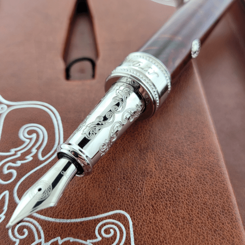 S.T. Dupont wild west premium fountain pen tip with close up of engraving