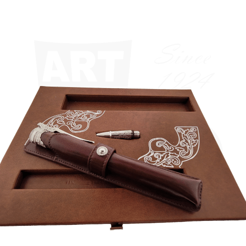 S.T. Dupont wild west prestige fountain pen in brown leather case displayed on display box