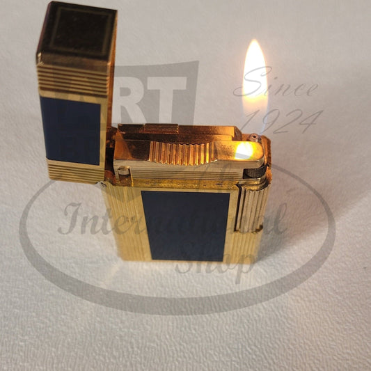 S.T. Dupont Refurbished Line 1 Windsor lighter in blue lacquer and gold with a flame lit and vintage design