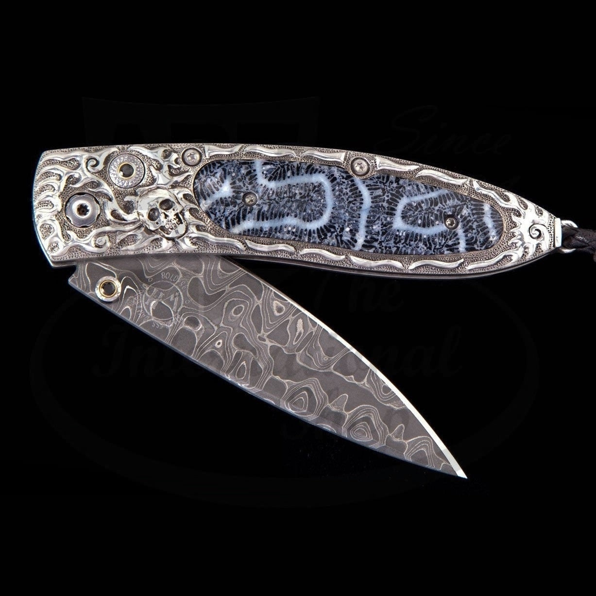 William Henry Monarch Noggin folding knife with hand-carved sterling silver frame and fossil coral inlay, Damascus blade
