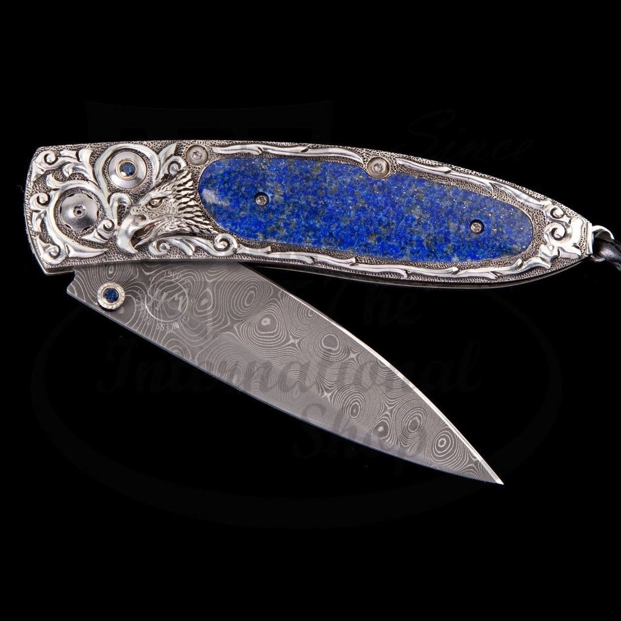 William Henry Monarch Pride folding knife with hand-carved sterling silver, blue lapis, damascus blade, and sapphire gems