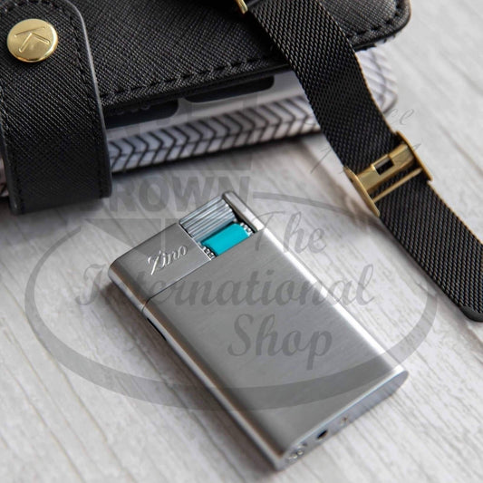 Zino ZM Jet Flame Lighter Chrome/Cyan, metal body, sleek compact design with cyan gas level window, 2.55 in height.