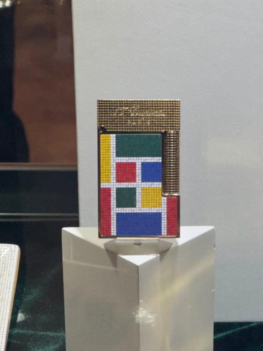 S.T. Dupont x Casablanca line 2 lighter with the multicolor mosaic motif displayed at the PCA 2024 trade show.