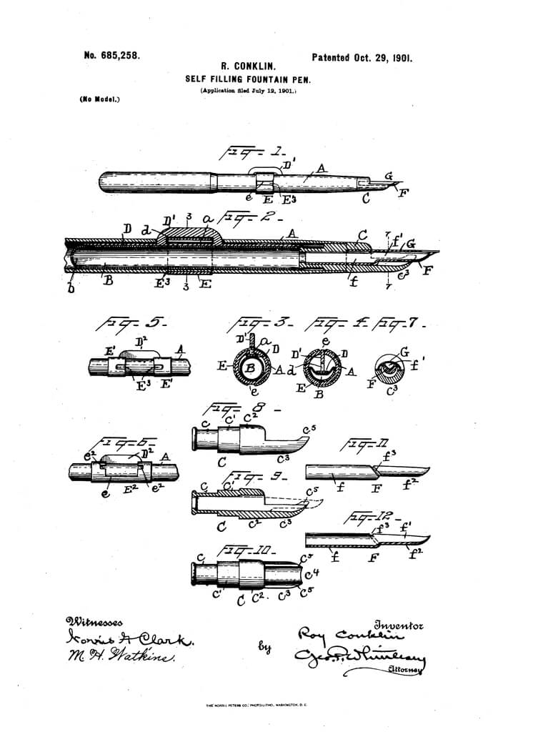 Original patent for the Conklin Crescent filler fountain pen from 1901.