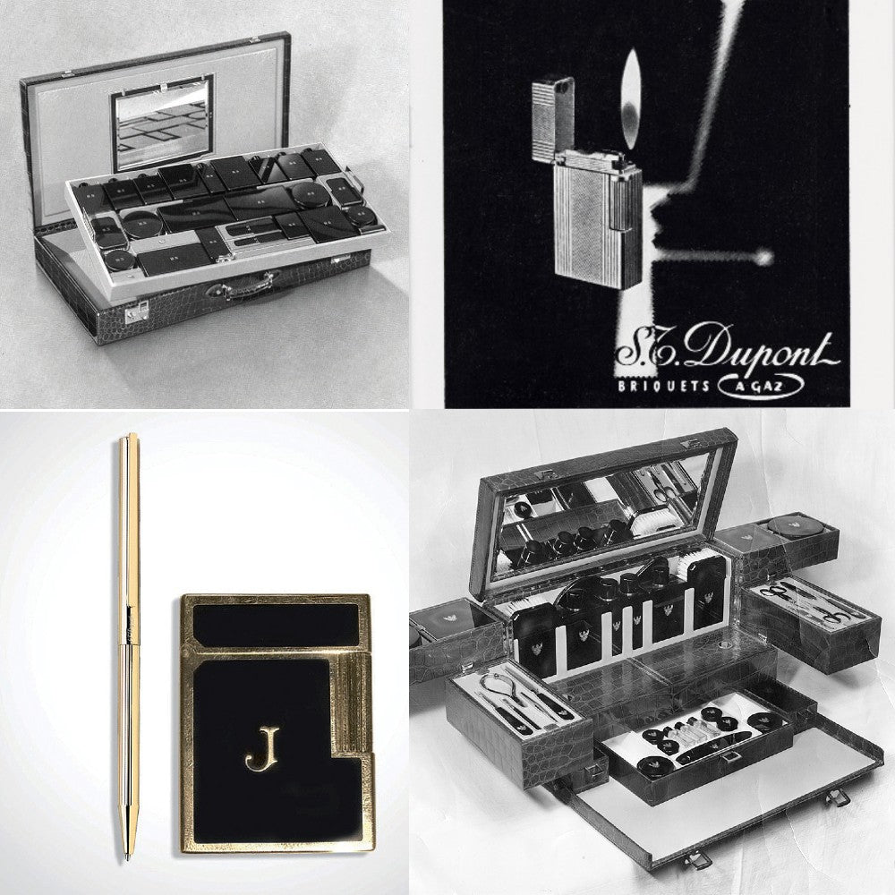A collage showcasing s.t. dupont original leather work along with an original black and white advertisement.