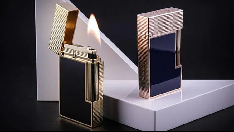 S.T. Dupont line 2 perfect ping lighters on white display with black background.