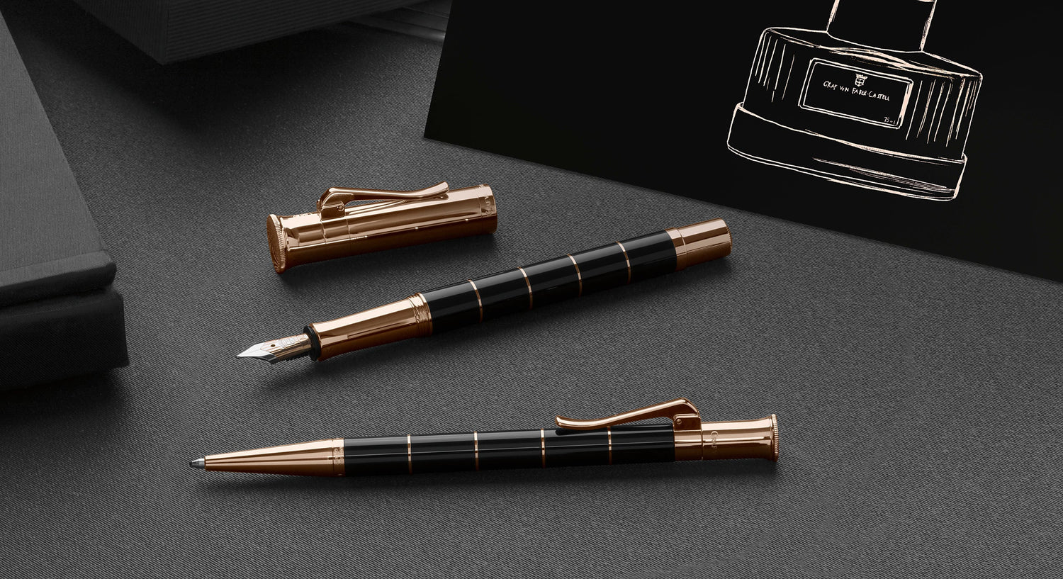Graf von Faber-Castell Classic anello pens with black barrels and rose gold accents.