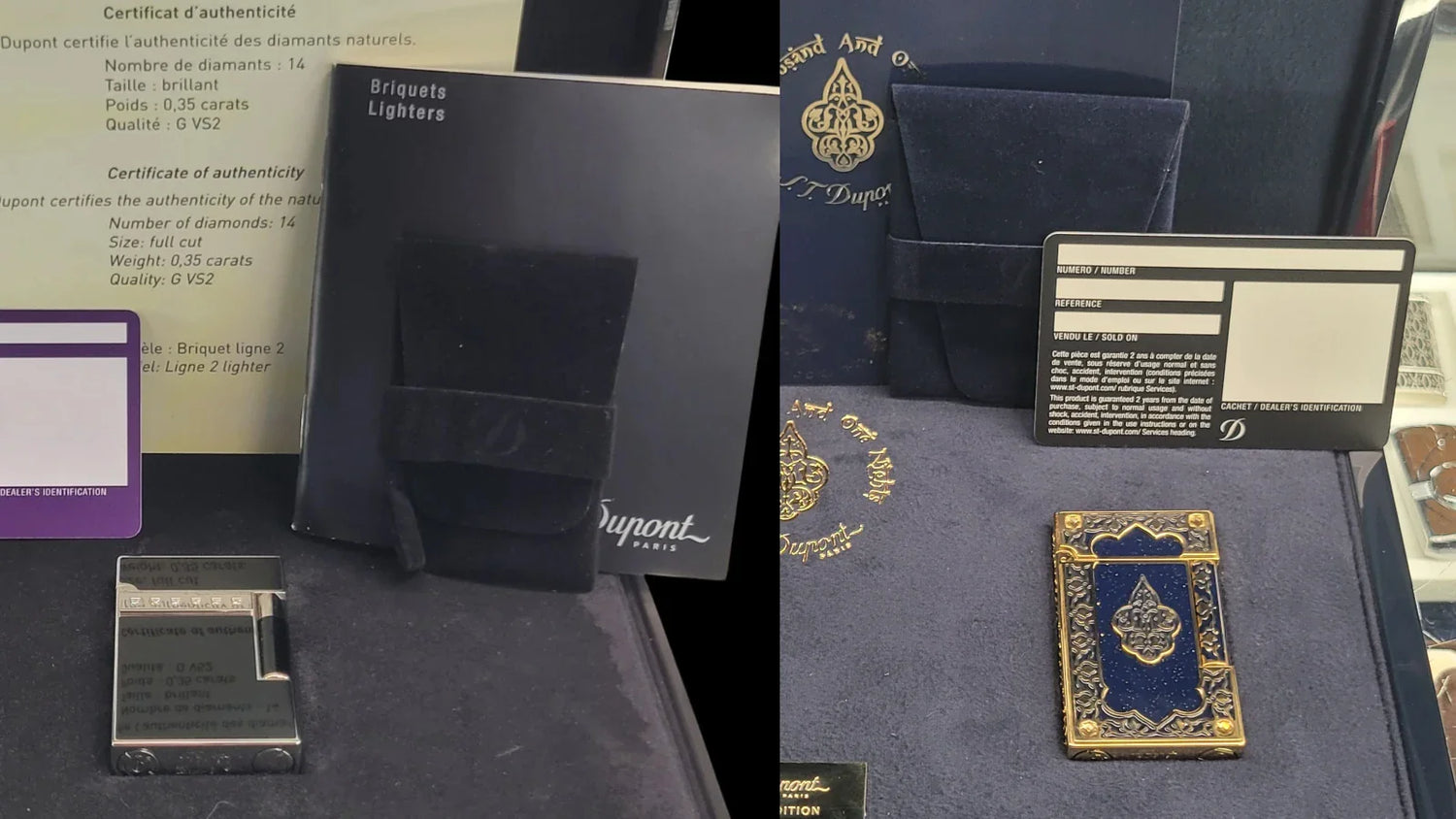 S.T. Dupont archive featuring previously sold luxury lighters with original packaging and authenticity documents.