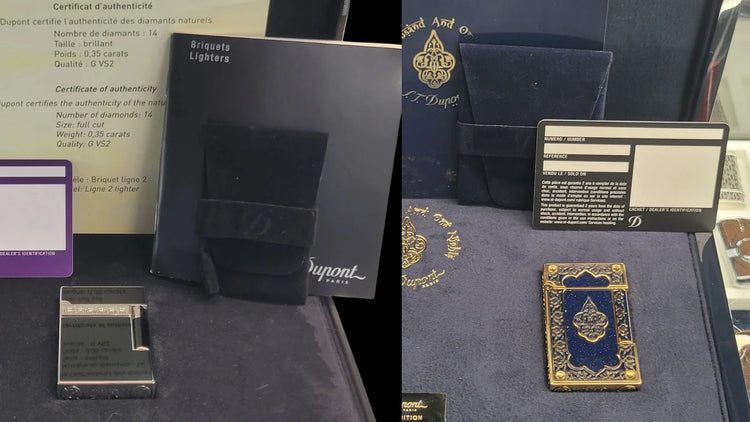 S.T. Dupont archive featuring previously sold luxury lighters with original packaging and authenticity documents.