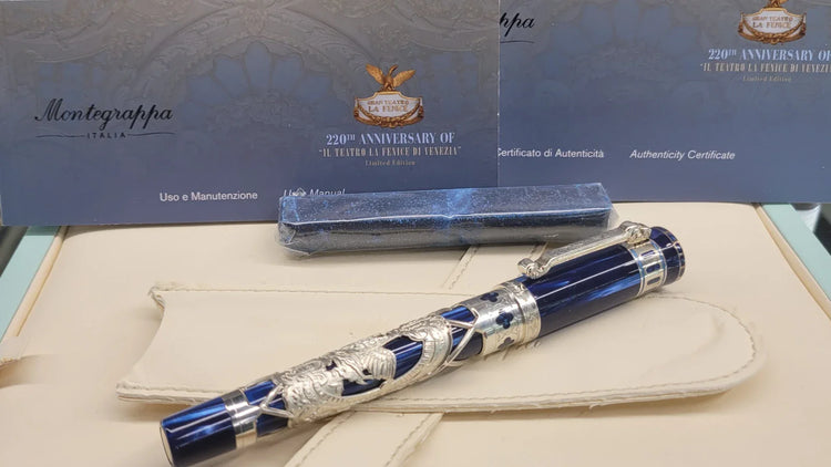 Montegrappa Teatro Fenice limited edition rollerball pen with blue lacquer and sterling silver accents