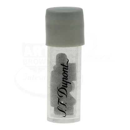 S.T. Dupont lighter flints in transparent plastic container with grey cap and black logo print on bottle