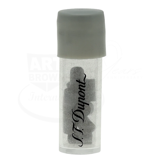S.T. Dupont lighter flints in transparent plastic container with grey cap and black logo print on bottle