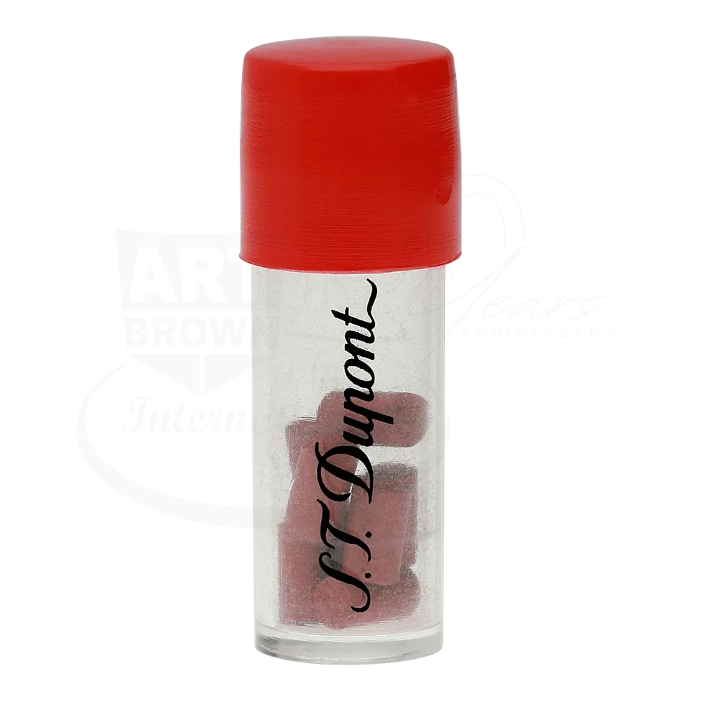 S.T. Dupont lighter flints container with clear plastic body and bright red cap, black script logo on side
