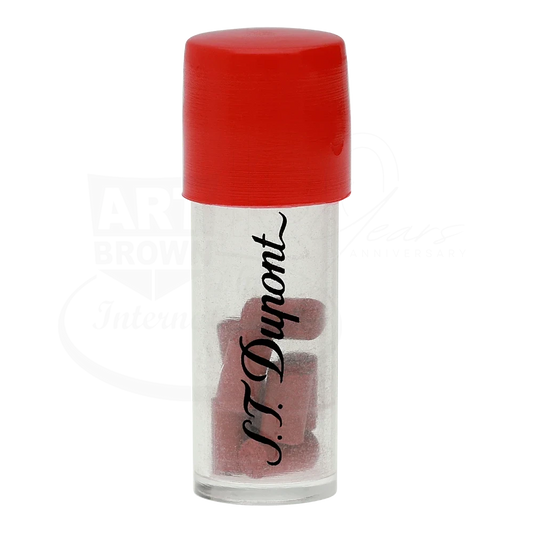 S.T. Dupont lighter flints container with clear plastic body and bright red cap, black script logo on side