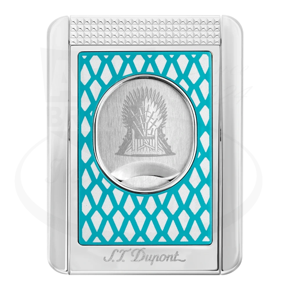 S.T. Dupont Game of Thrones cigar cutter stand with blue dragon scale design and silver finish, seen from the front.