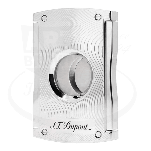 S.T. Dupont 003410 chrome metal double-blade cigar cutter featuring wave design pattern, display model with original box, 50 gauge cutting capacity