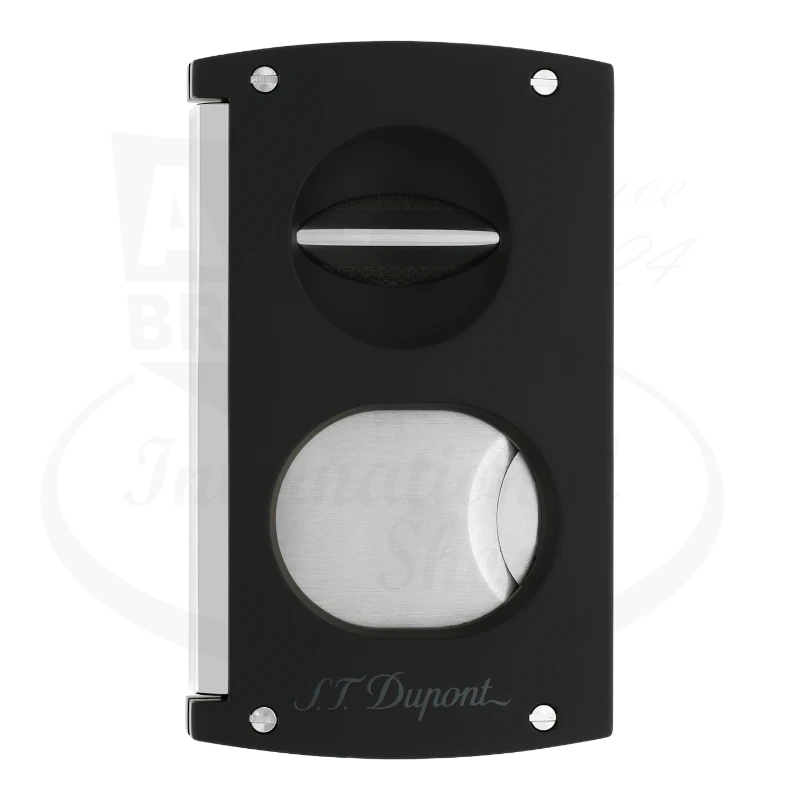 S.T. Dupont spring action double blade cigar cutter with a straight blade a a v-cut blade in black seen from the front