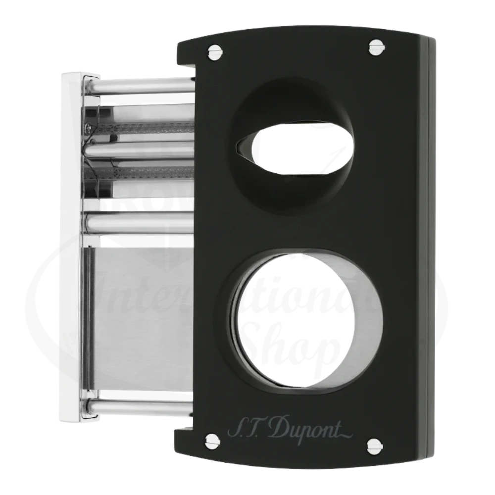 S.T. Dupont spring action double blade cigar cutter with a straight blade a a v-cut blade in black with blade extended
