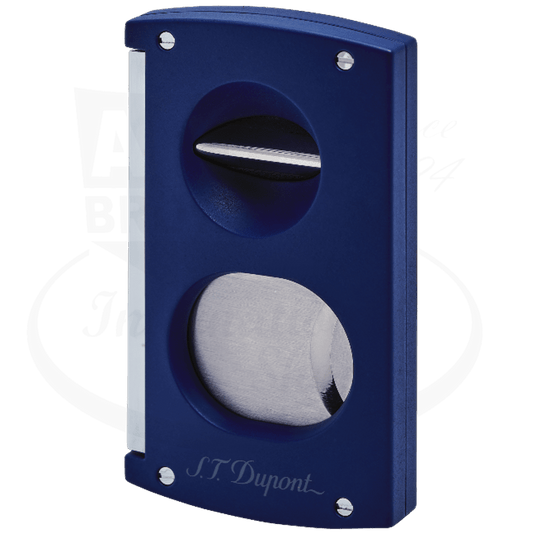 S.T. Dupont 003427 chrome and matte blue lacquer double blade cigar cutter featuring classic and V-cut blades in sleek rectangular design