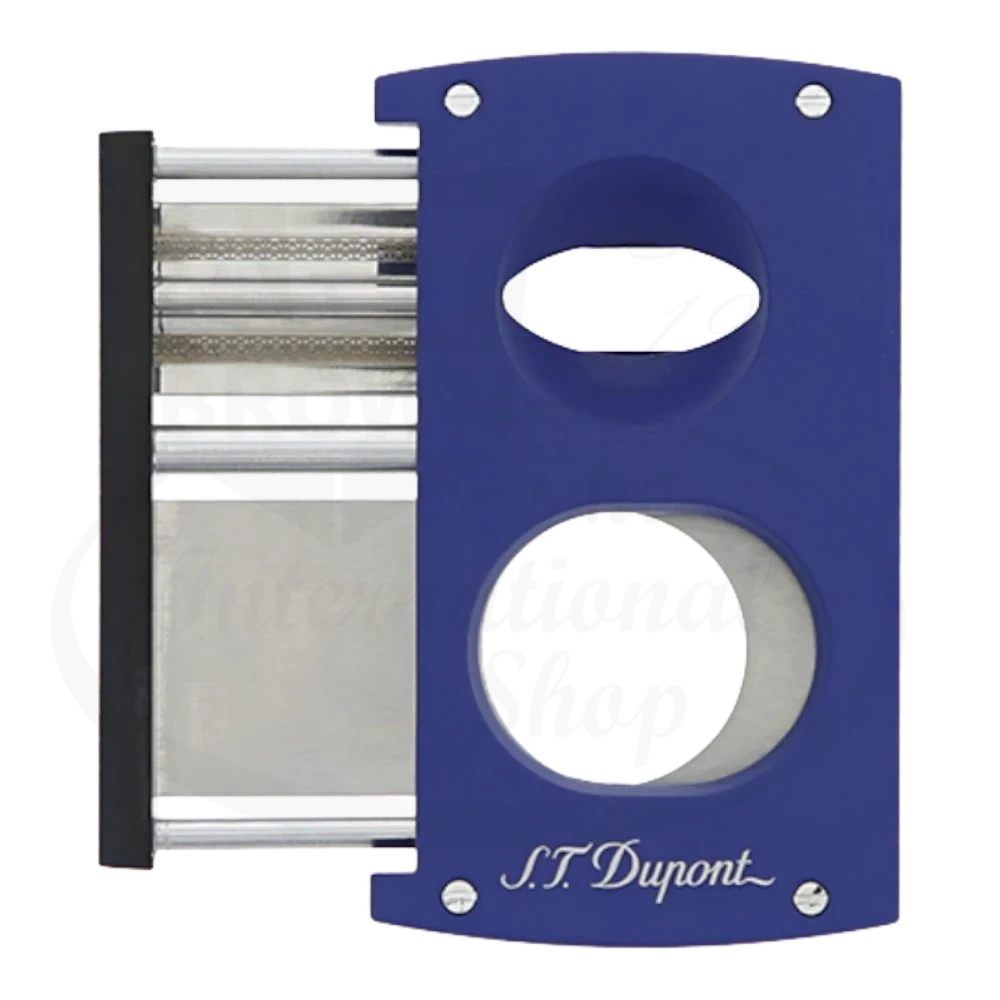 S.T. Dupont spring activated v-cut cigar cutter with ocean blue and black finish with blades open seen from the front