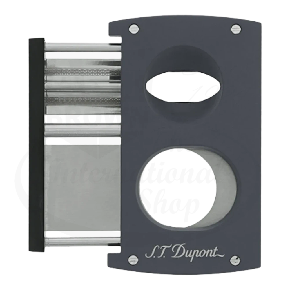 S.T. Dupont spring activated v-cut cigar cutter with graphite and black finish blades extended seen from the front