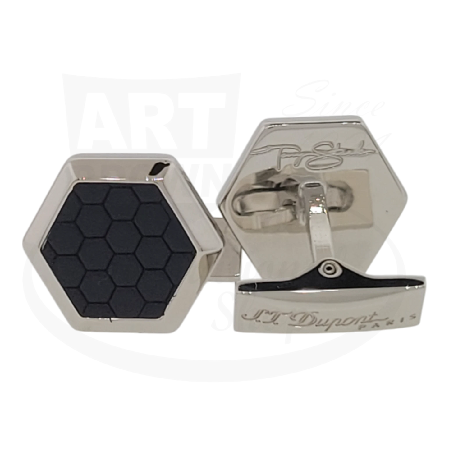 S.T. Dupont Tony Stark Cufflinks 005522 palladium brass hexagonal navy leather honeycomb design