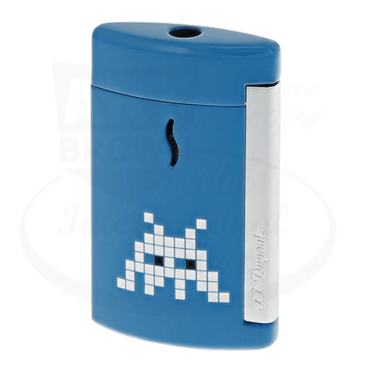 S.T. Dupont Minijet 010544 metal blue torch lighter with pixelated space alien design, chrome side accent, ergonomic curved body