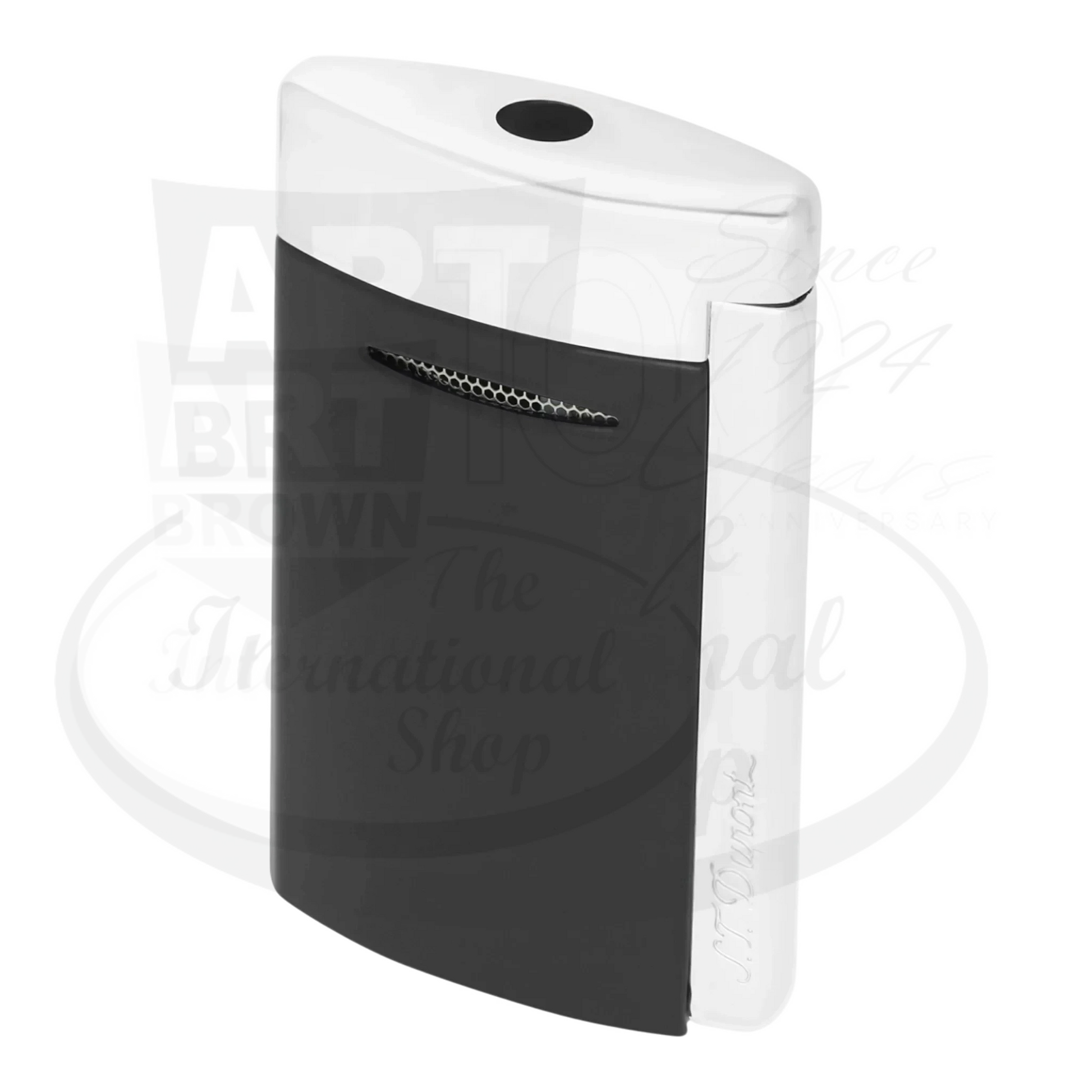 S.T. Dupont New Minijet 010815 metal lighter with matte black front and silver sides compact ergonomic design