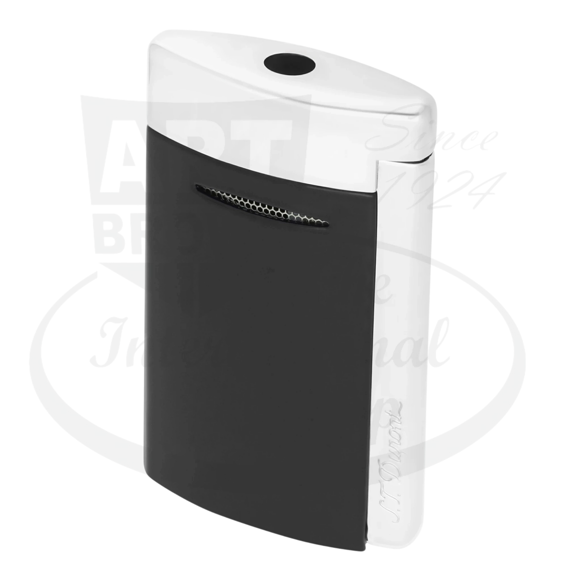 S.T. Dupont New Minijet 010815 metal lighter with matte black front and silver sides compact ergonomic design