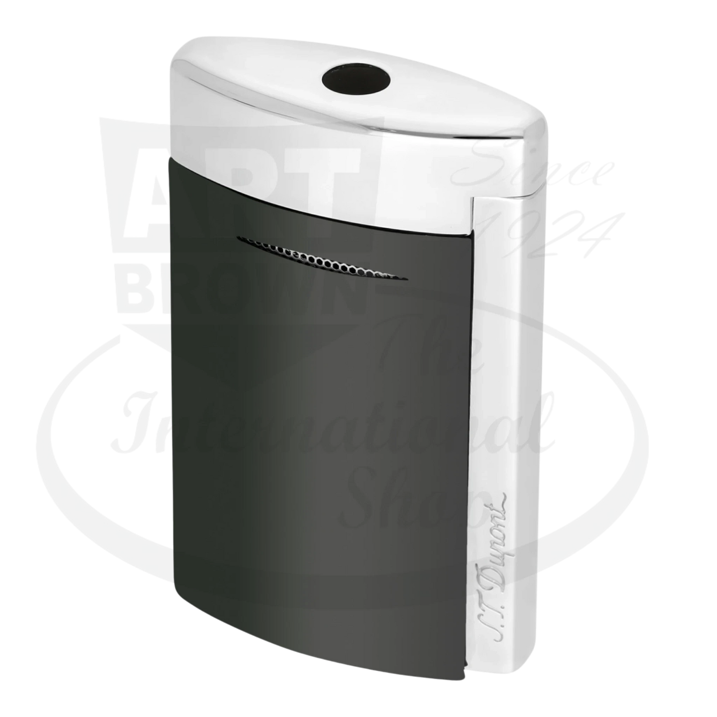 S.T. Dupont minijet torch lighter with shiny black lacquer finish and chrome accents.