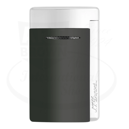 S.T. Dupont shiny black minijet lighter seen from the front, showcasing S.T. Dupont logo.