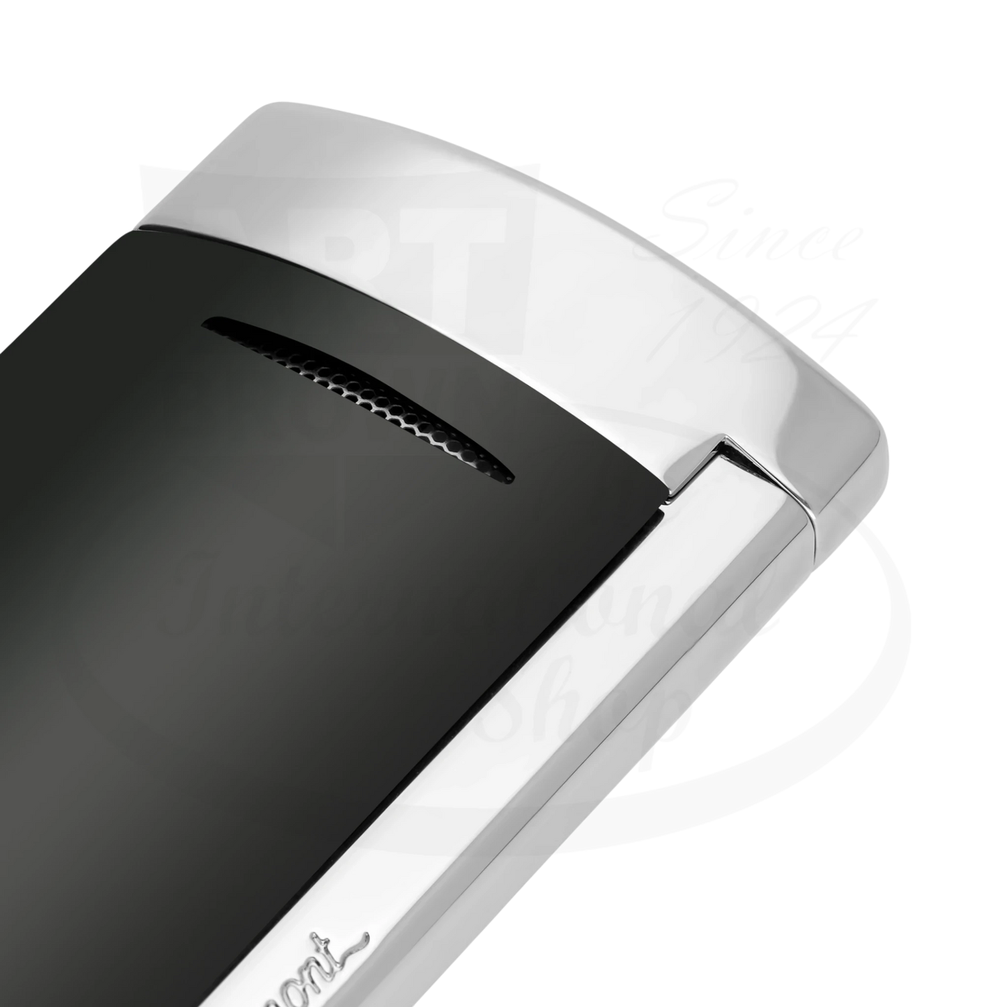 Closeup view of the details on S.T. Dupont minijet lighter in black lacquer.