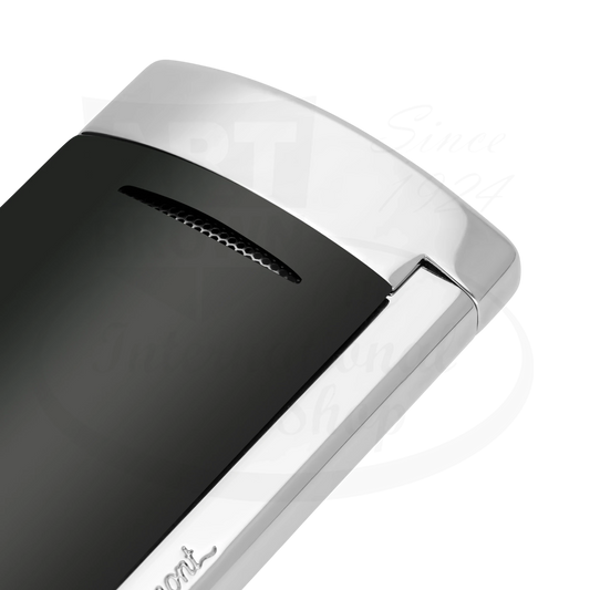 Closeup view of the details on S.T. Dupont minijet lighter in black lacquer.