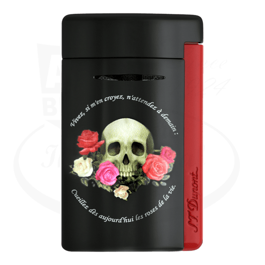 S.T. Dupont Minijet 010894 metal torch lighter in black with Memento Mori skull and roses design, featuring red side accent and circular artwork