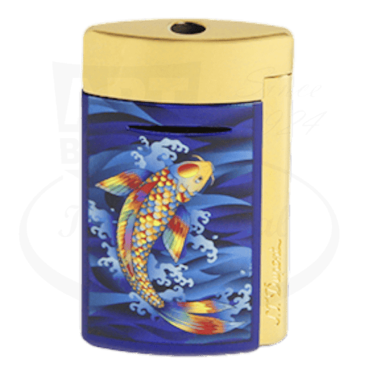 S.T. Dupont Minijet 010897KF brass lighter with gold finish, featuring Japanese koi fish artwork in vibrant blue, orange and yellow on lacquered surface