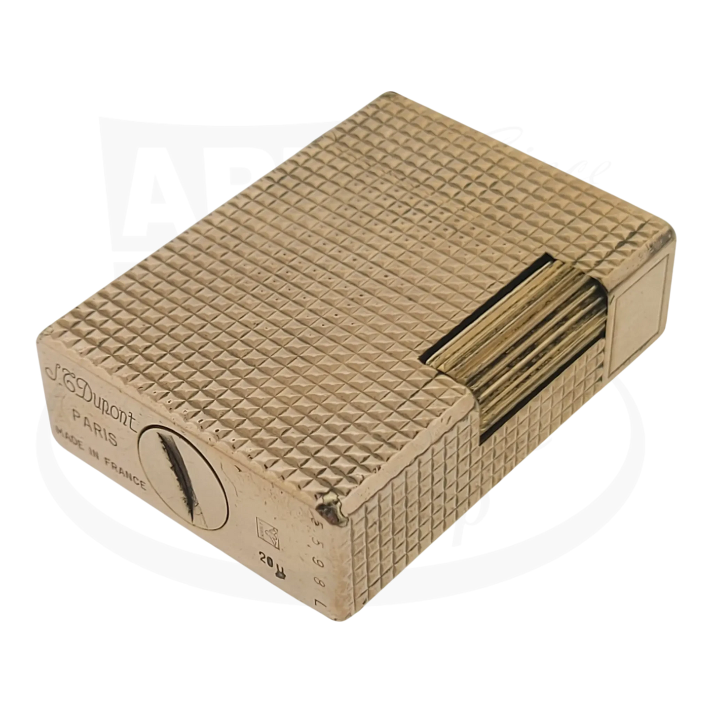 Vintage S.T. Dupont Ligne 1 BS 012110 gold metal lighter with diamond head pattern and engraved details