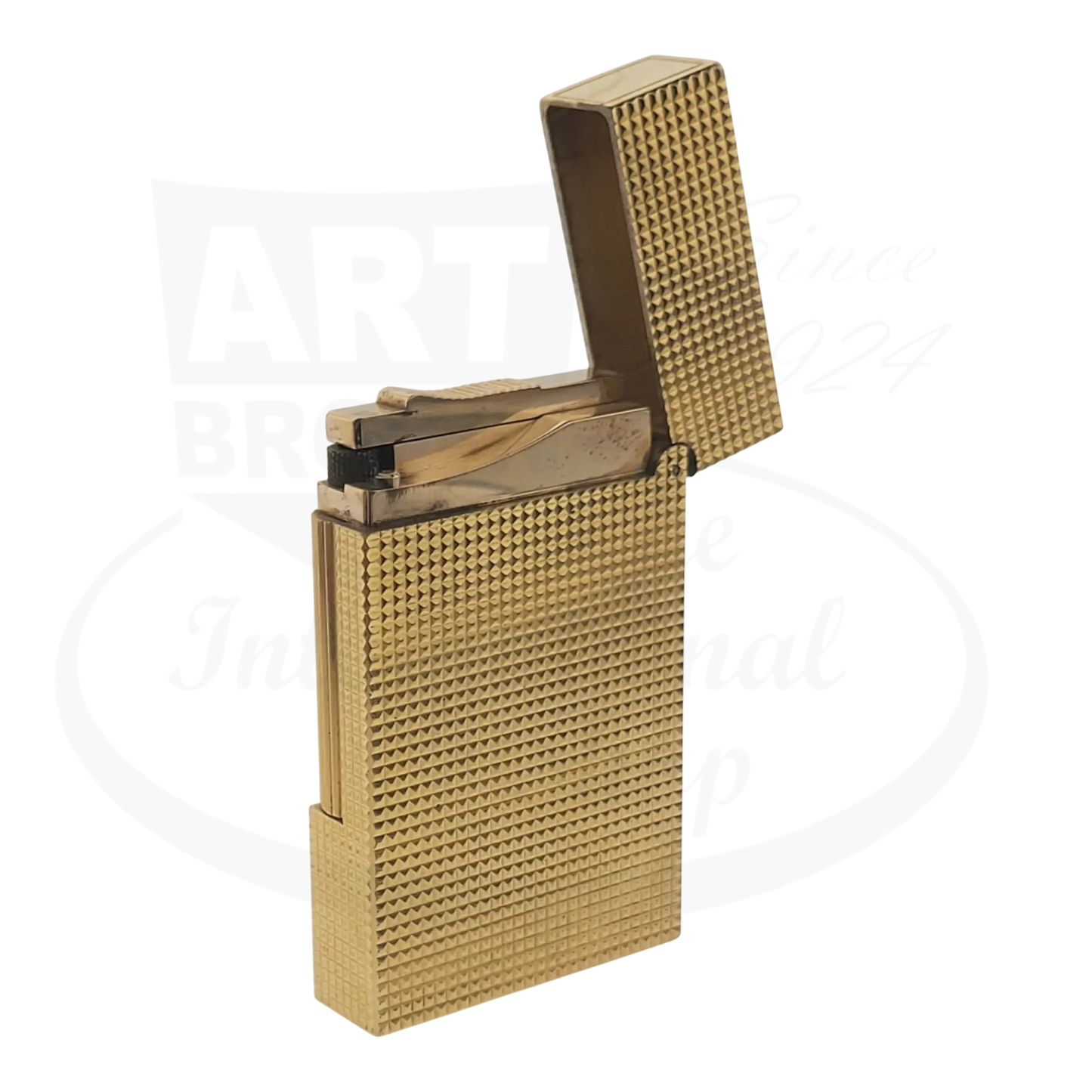 S.T. Dupont Ligne 2 016211 gold metal rectangular vintage lighter with diamond-patterned textured surface, open lid, seen from back