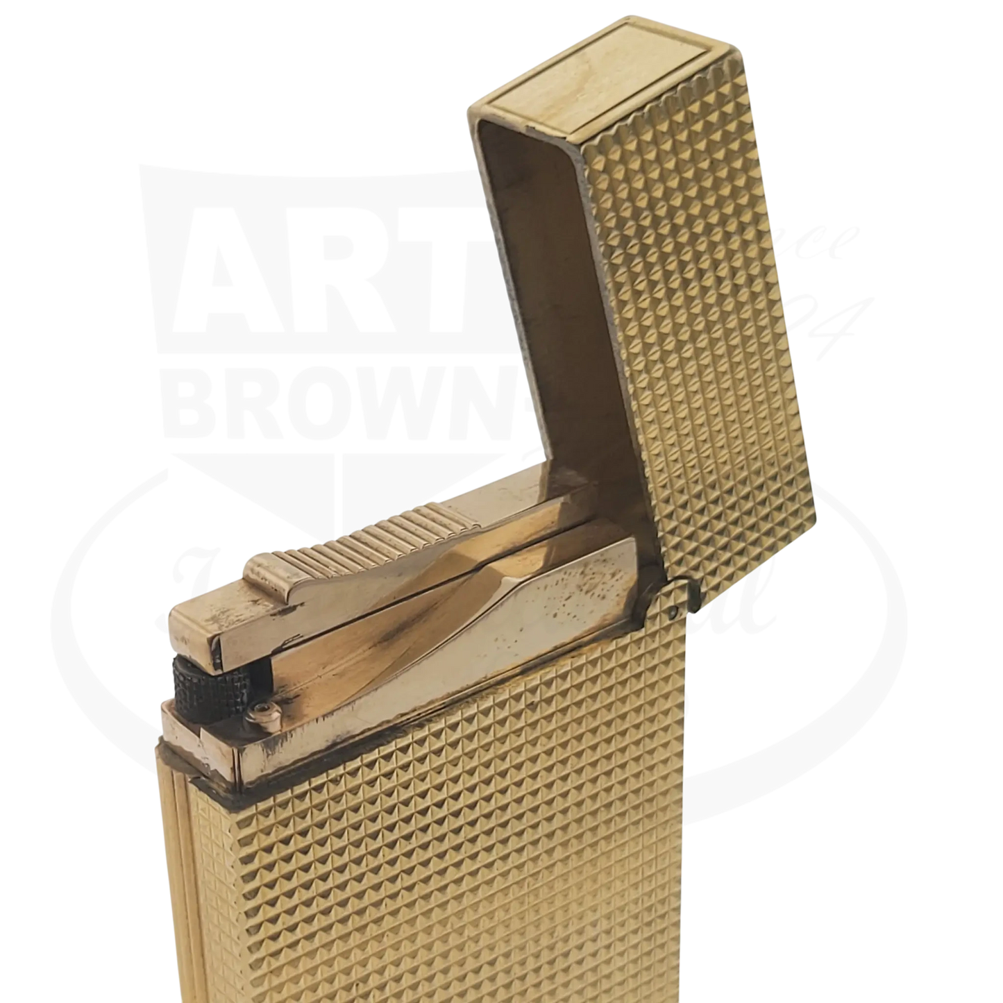 S.T. Dupont Ligne 2 016211 gold metal lighter with textured diamondhead pattern and flip-top lid open