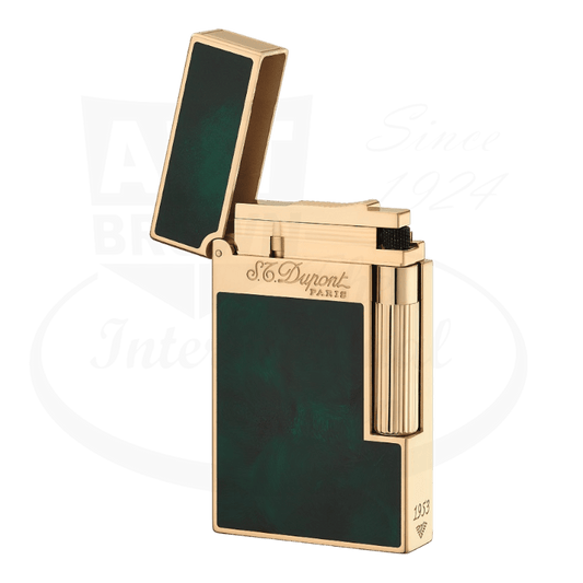 S.T. Dupont Ligne 2 Atelier Lighter Green 016259 natural lacquer yellow gold lighter with emerald green panels and crystal ring cap