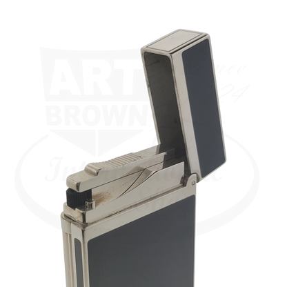 Preowned S.T. Dupont Ligne 2 Montparnasse 016296-D3 black lacquer and palladium lighter with slight surface scratches, open lid.